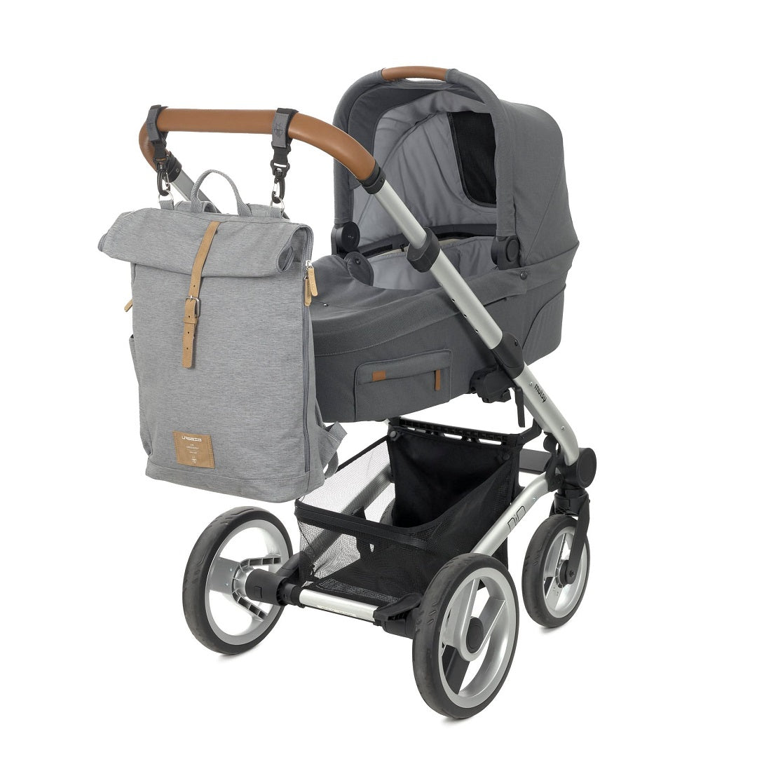 LÄSSIG Wickelrucksack Rolltop Grey Mélange – grauer Wickelrucksack mit flexiblem Volumen von 17,5 bis 21,8 Litern und Seitenzugriff