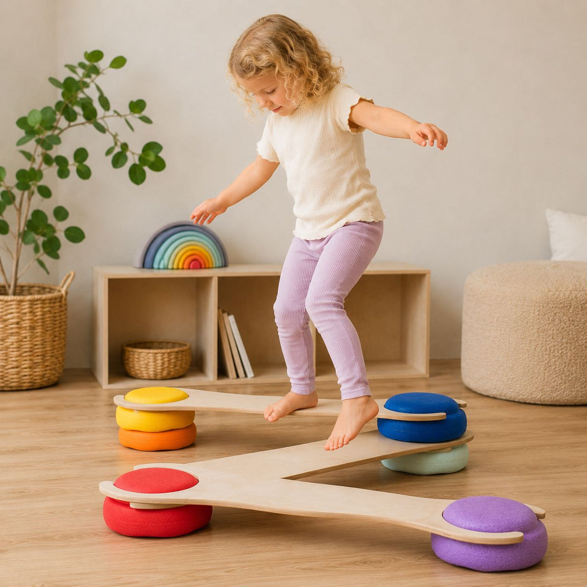 Kind balanciert auf Holz Balance Board mit bunten Steinen im Kinderzimmer und fördert spielerisch Gleichgewicht und Motorik