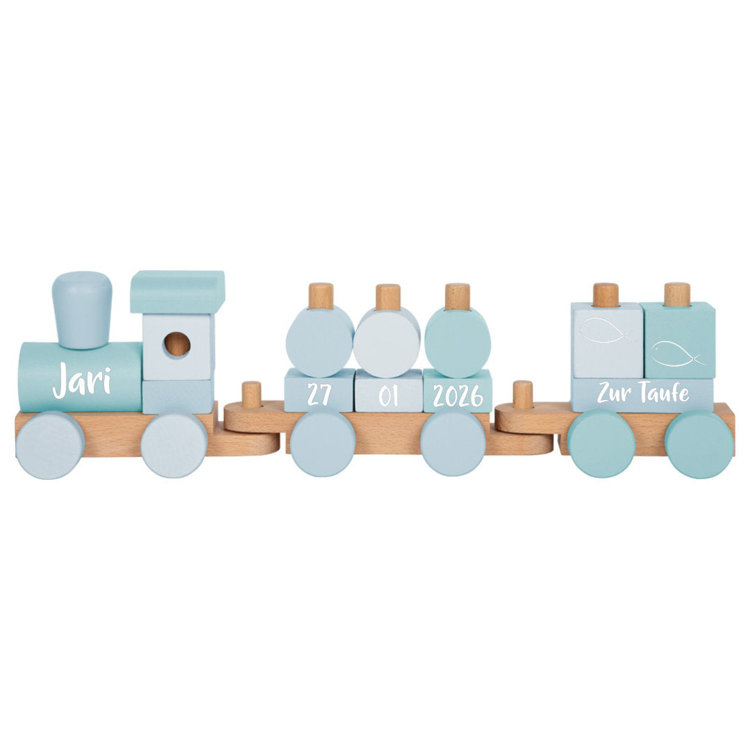 Geschenk zur Taufe – blauer Holzzug von small foot mit Name und Taufdatum