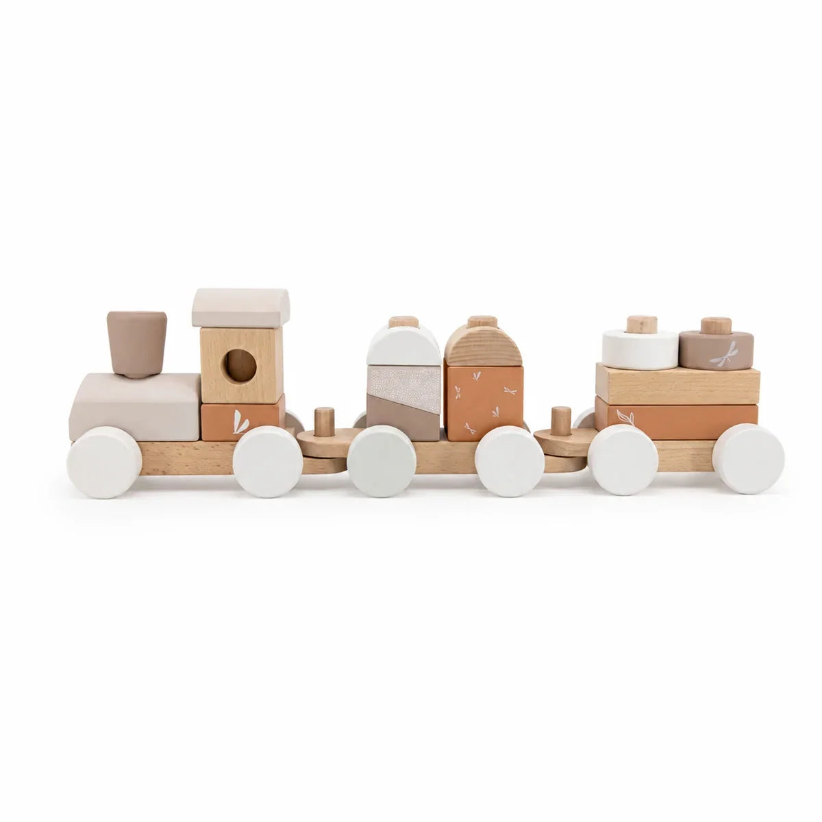 Geschenk zur Taufe – Label Label Stapelzug aus Holz in Nougat in der Originalverpackung