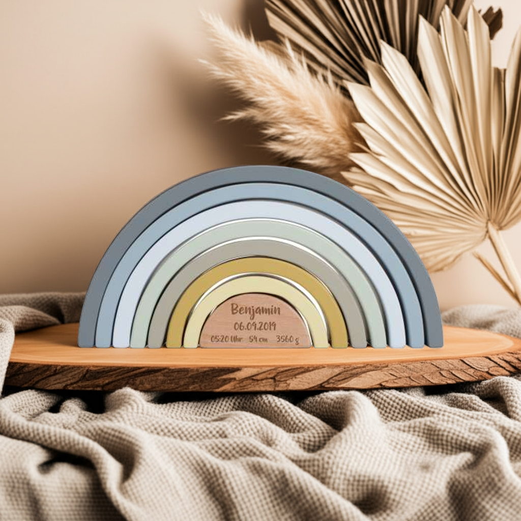 Blauer Holz-Regenbogen mit acht Bögen zum Stapeln, Sortieren und Bauen