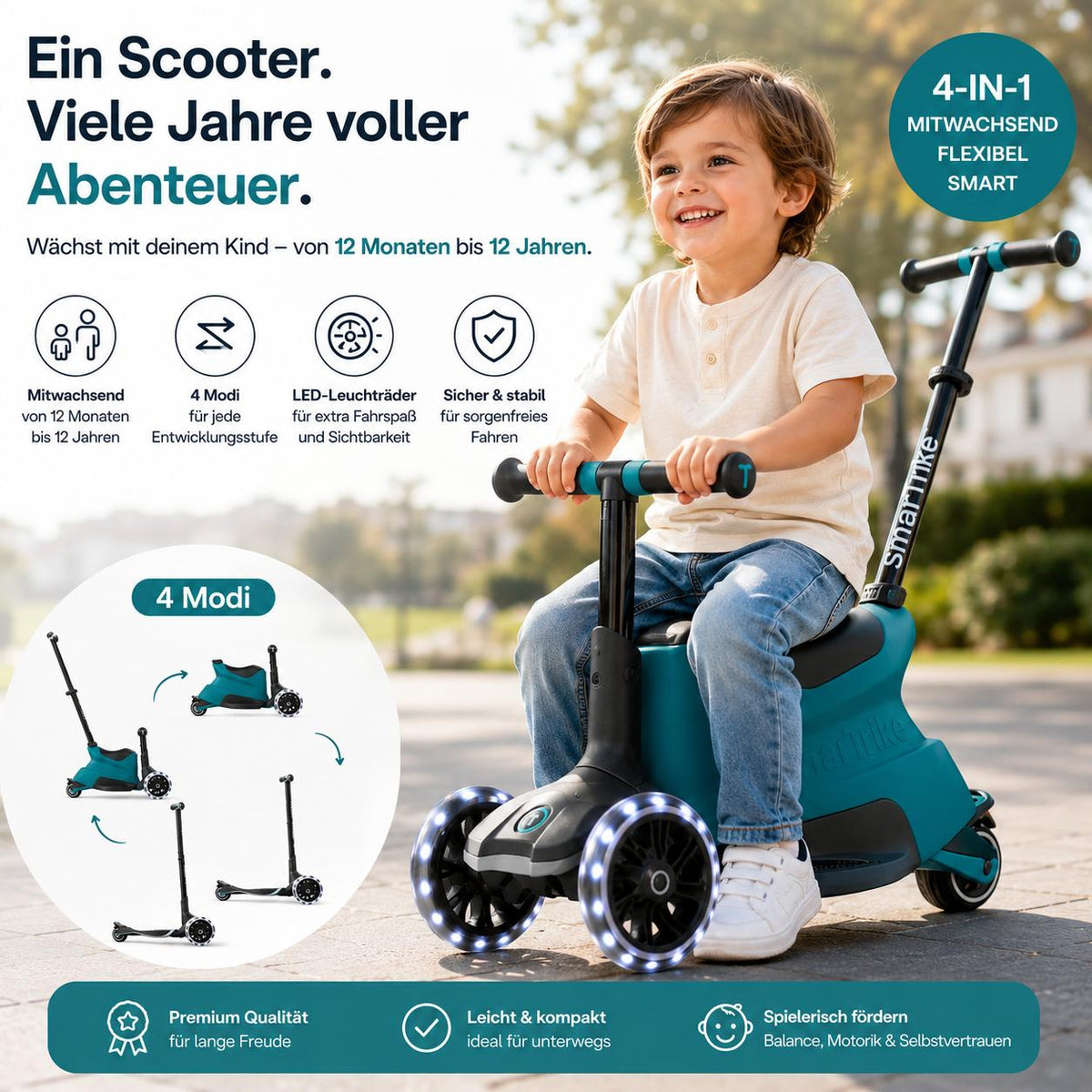 Kind fährt mitwachsender 4-in-1 Kinder Scooter mit LED Rädern im Outdoor Einsatz, geeignet von 12 Monaten bis 12 Jahre