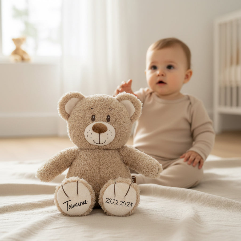 Brauner Teddybär 28 cm mit Namenspersonalisierung für Babys und Kinder