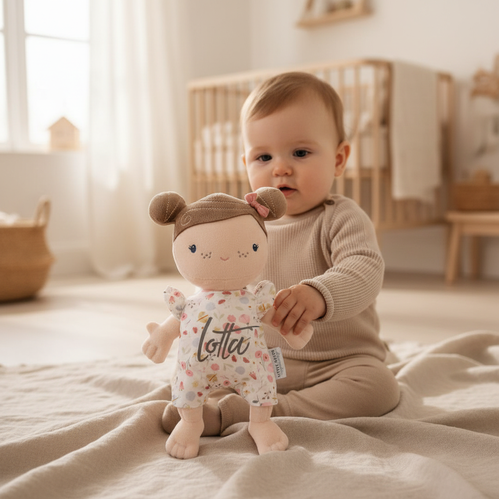 Baby mit rosa Kuschelpuppe und personalisiertem Namen – Anwendungsszene
