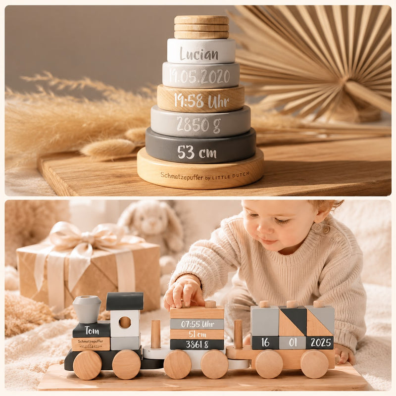 Personalisiertes Geschenkset zur Geburt mit Holzzug und Stapelturm, Name und Geburtsdaten