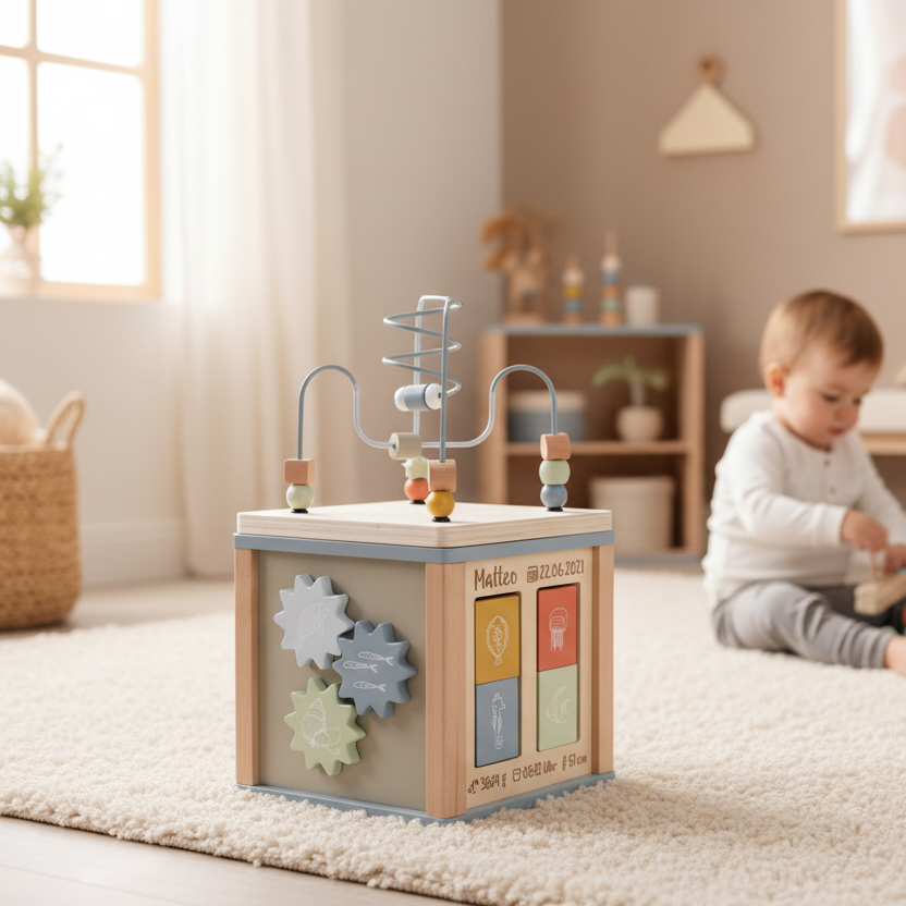Motorikwürfel Ocean mit Name und Geburtsdaten als persönliches Babygeschenk