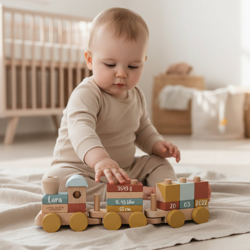 personalisierter Holzzug mit Name und Geburtsdaten – Geschenk zur Geburt – Schmatzepuffer