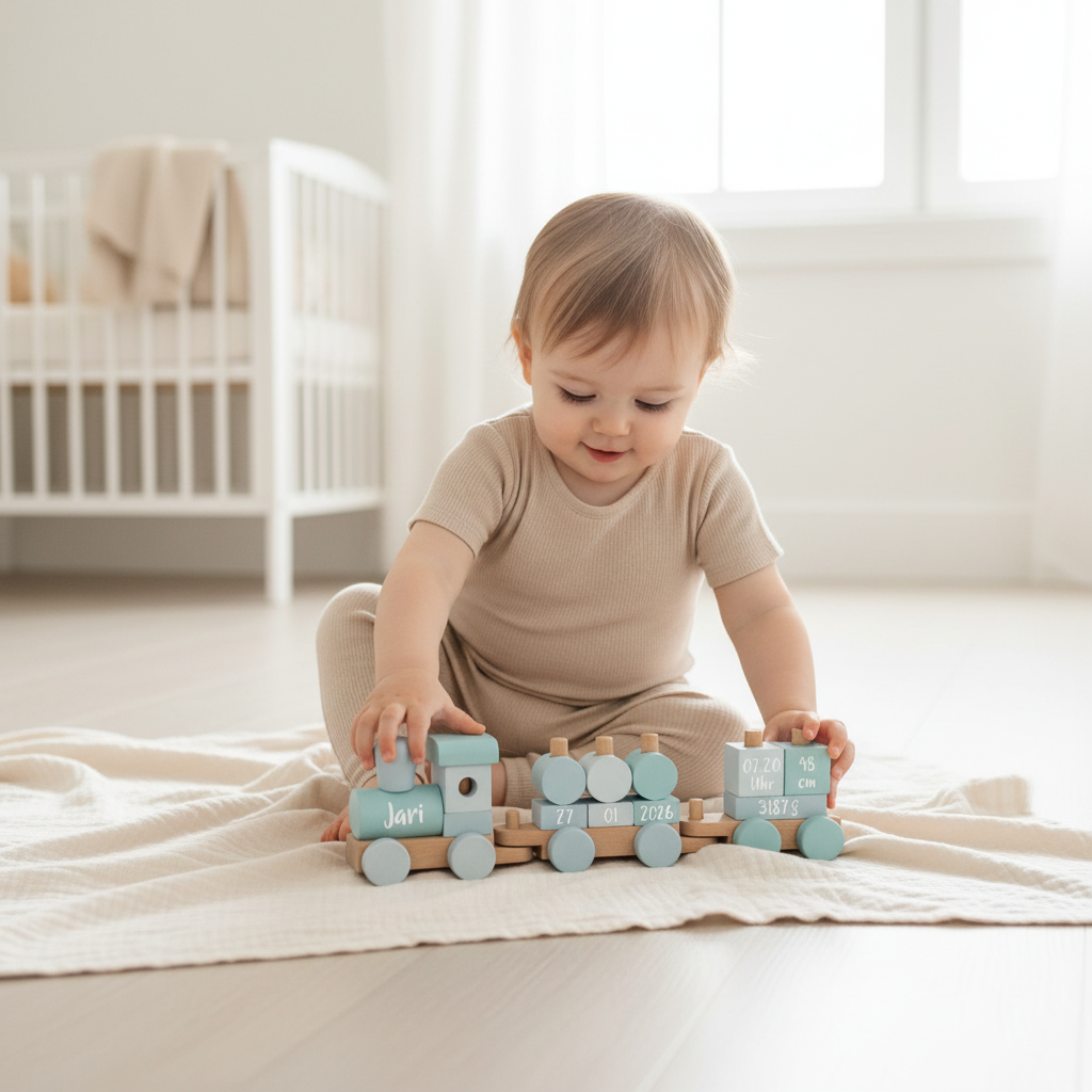 Bedruckter small-foot-Holzzug Blau als personalisiertes Geschenk zur Geburt