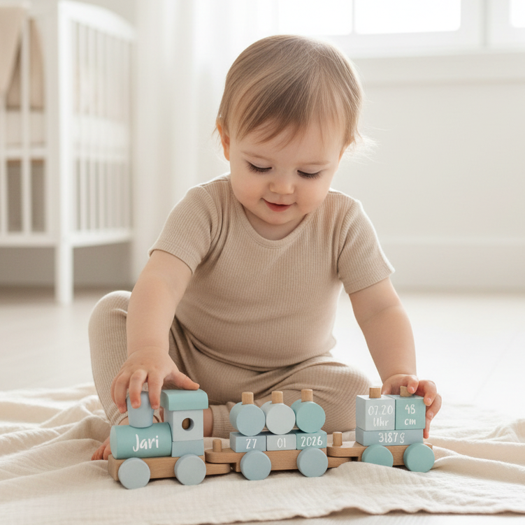 Personalisierter small-foot-Holzzug Blau mit Name und Geburtsdaten, Variante Druck