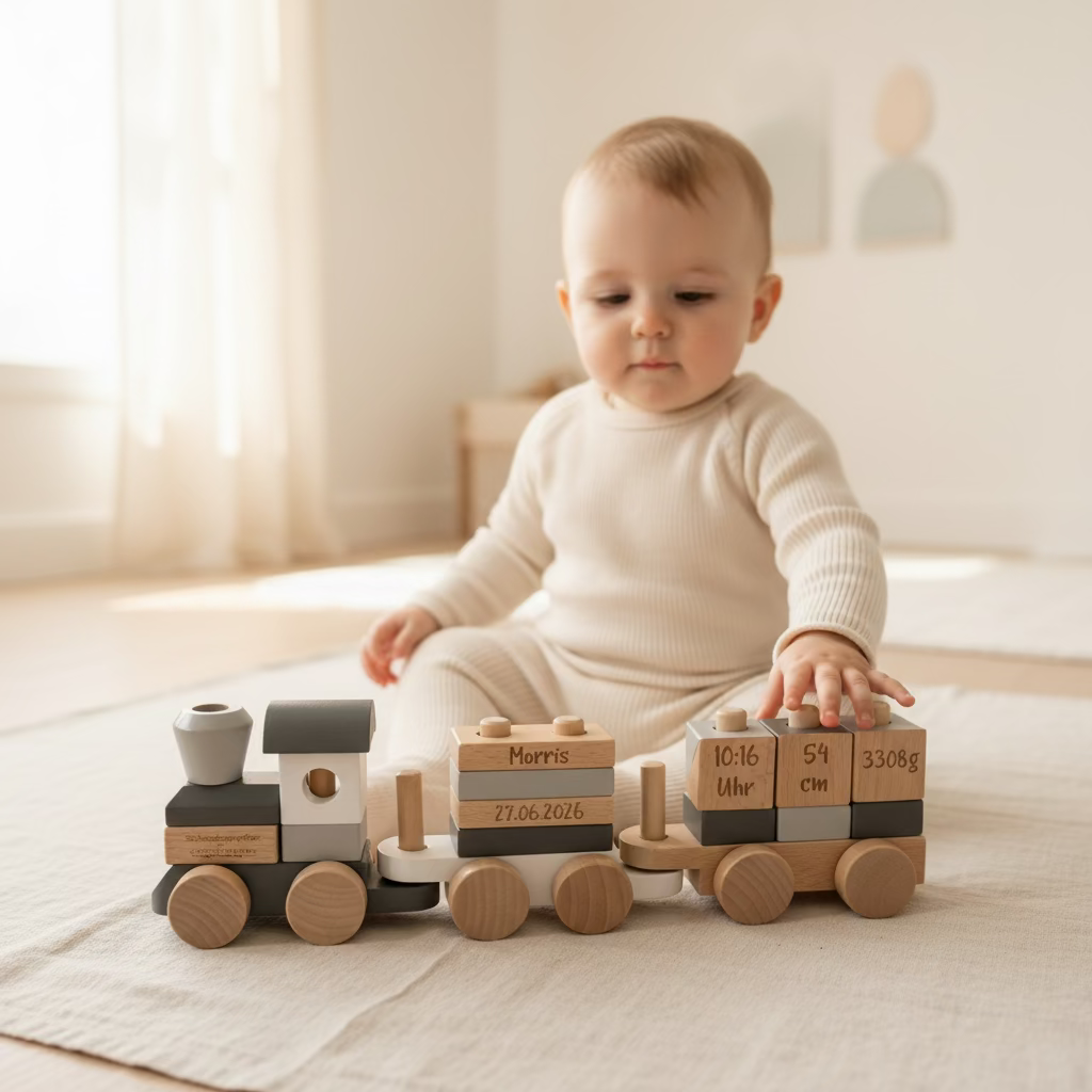 Baby spielt mit personalisiertem Holzzug aus Holz mit Name und Geburtsdaten