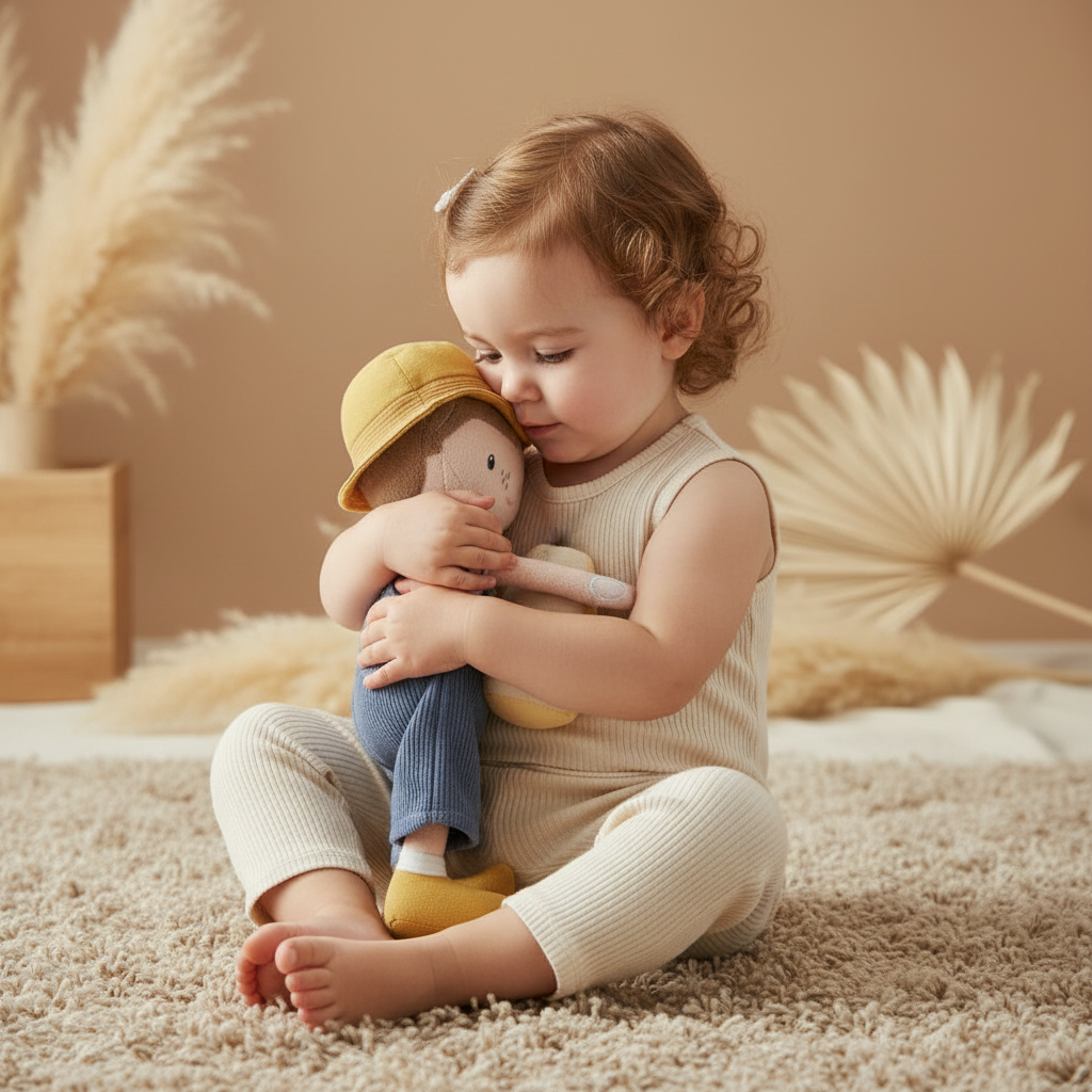 Kind mit personalisierter Dutch Jim Stoffpuppe als Geschenk zur Geburt