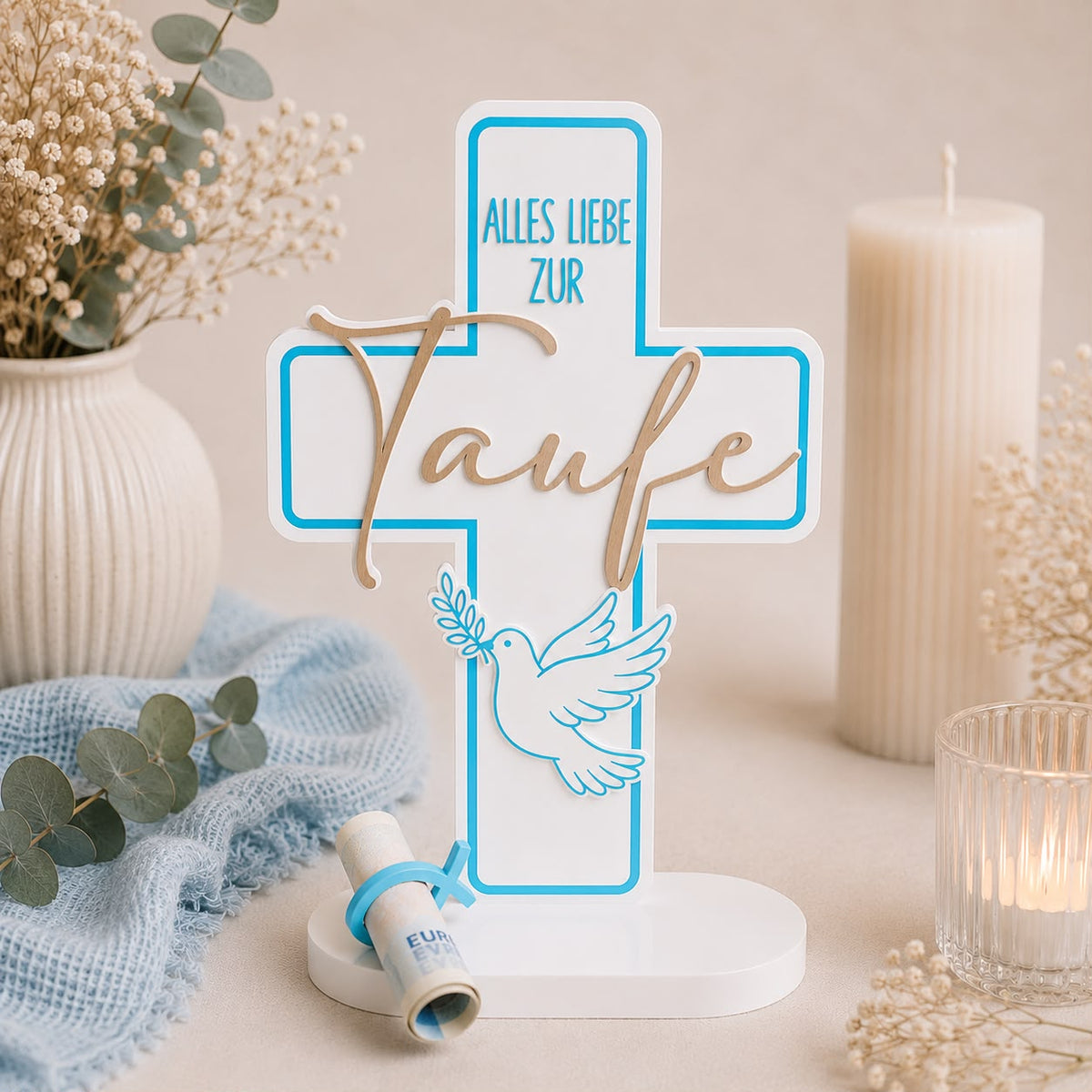 Personalisiertes Taufkreuz in Blau mit Namen und Tauben Motiv als Geldgeschenk zur Taufe