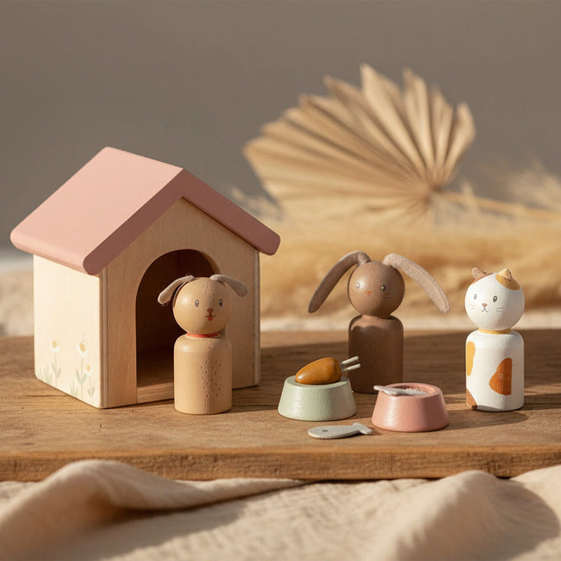 Little Dutch Puppenhaus-Erweiterungsset Haustiere aus Holz mit Hund, Katze und Kaninchen