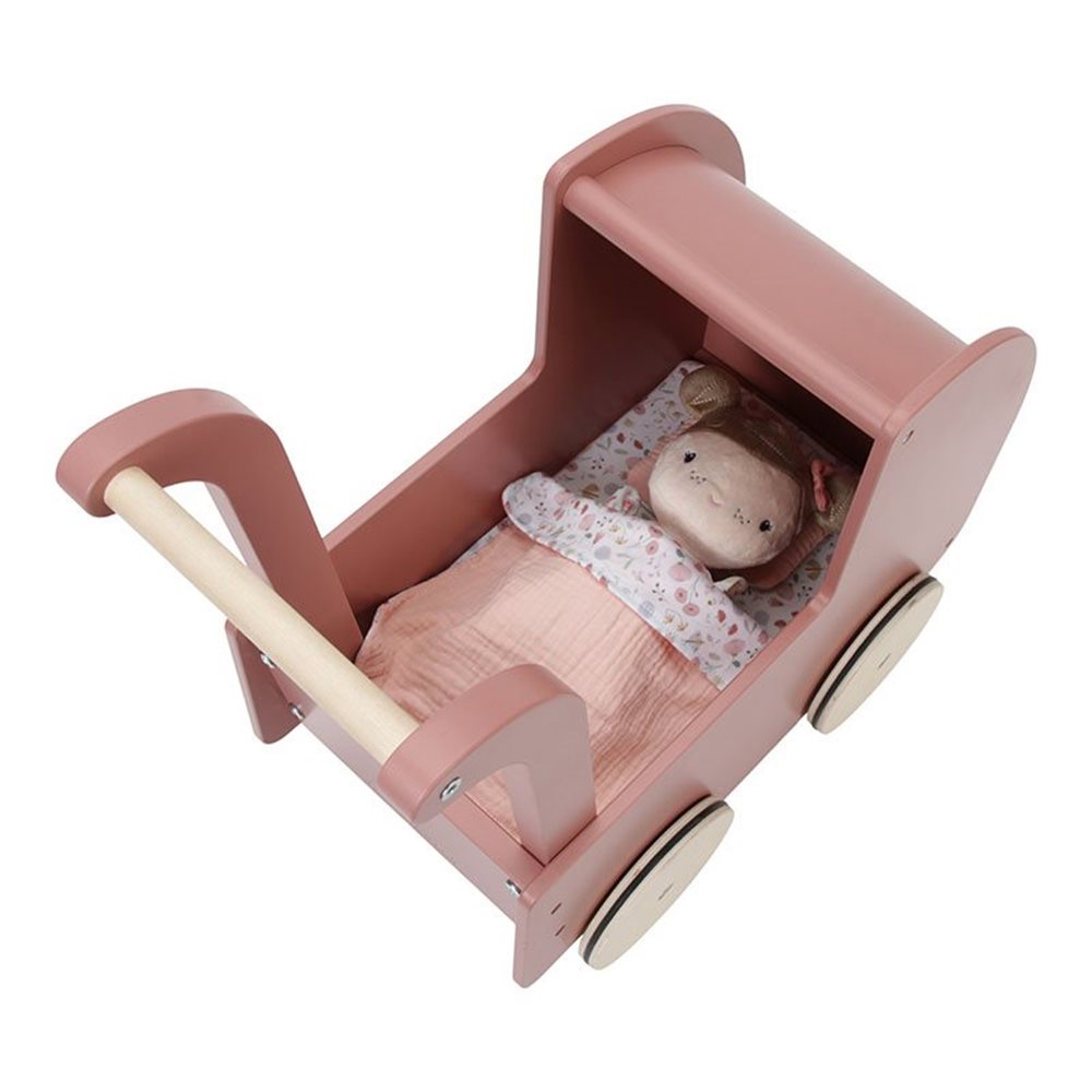 Holz-Puppenwagen mit Kuschelpuppe, Kissen, Decke und Bettwäsche