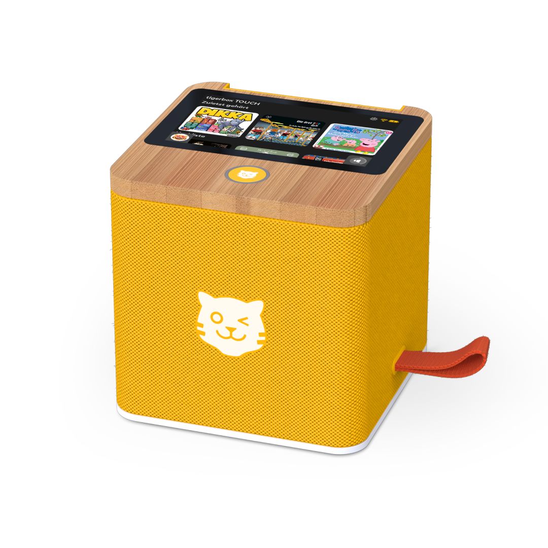 Gelbe tigerbox TOUCH PLUS von Tigermedia – Bluetooth-Hörbox für Kinder mit Touchdisplay und Zugriff auf die tigertones Audiothek