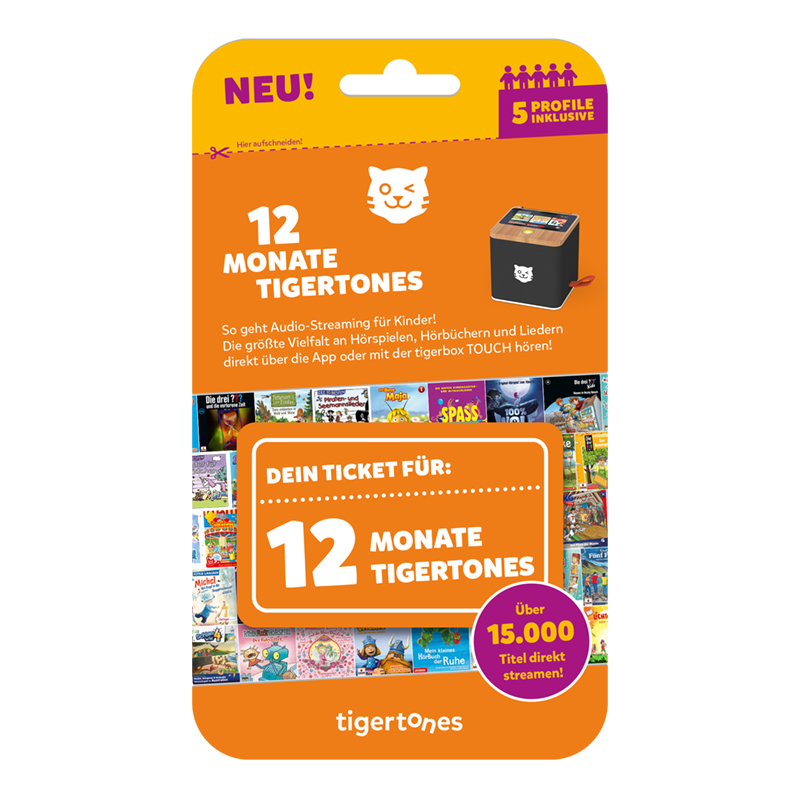 Tigertones Tigerticket Family für 12 Monate – Premium-Zugang zur Kinder-Audiothek für bis zu 5 Profile und tigerbox TOUCH