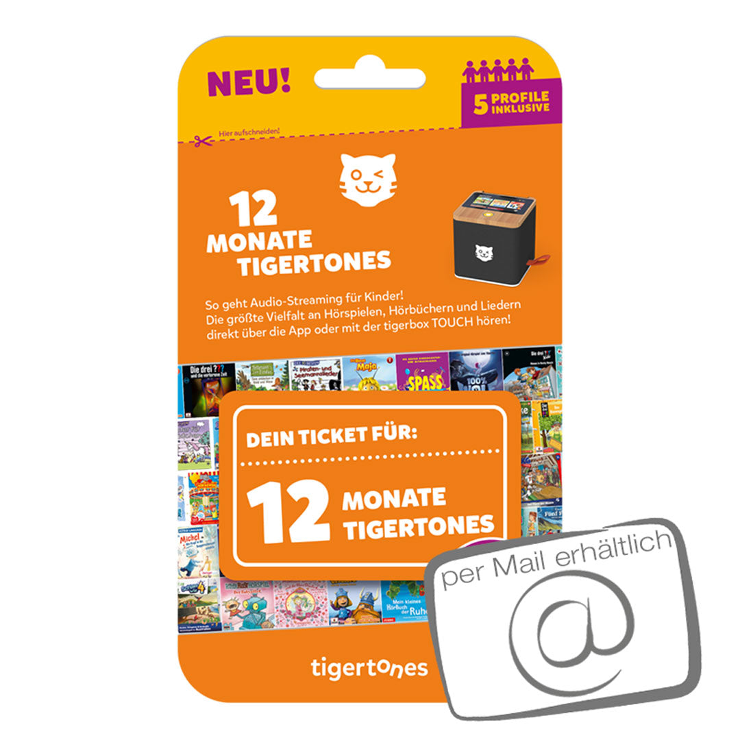 Tigertones Tigerticket 12 Monate per Mail – digitaler Premium-Zugang zur Kinder-Audiothek mit Hörspielen, Hörbüchern und Kinderliedern