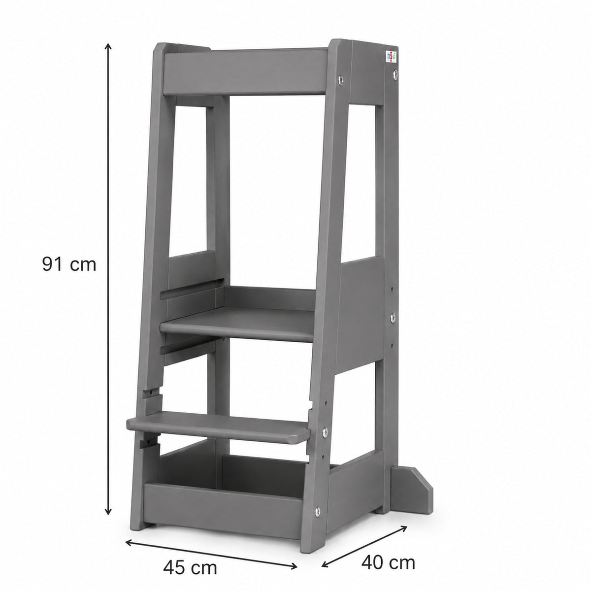 Grauer tiSsi Lernturm Felix mit Maßen 40 x 91 x 45 cm als mitwachsender Kinder-Lernturm für Küche, Bad und Alltag