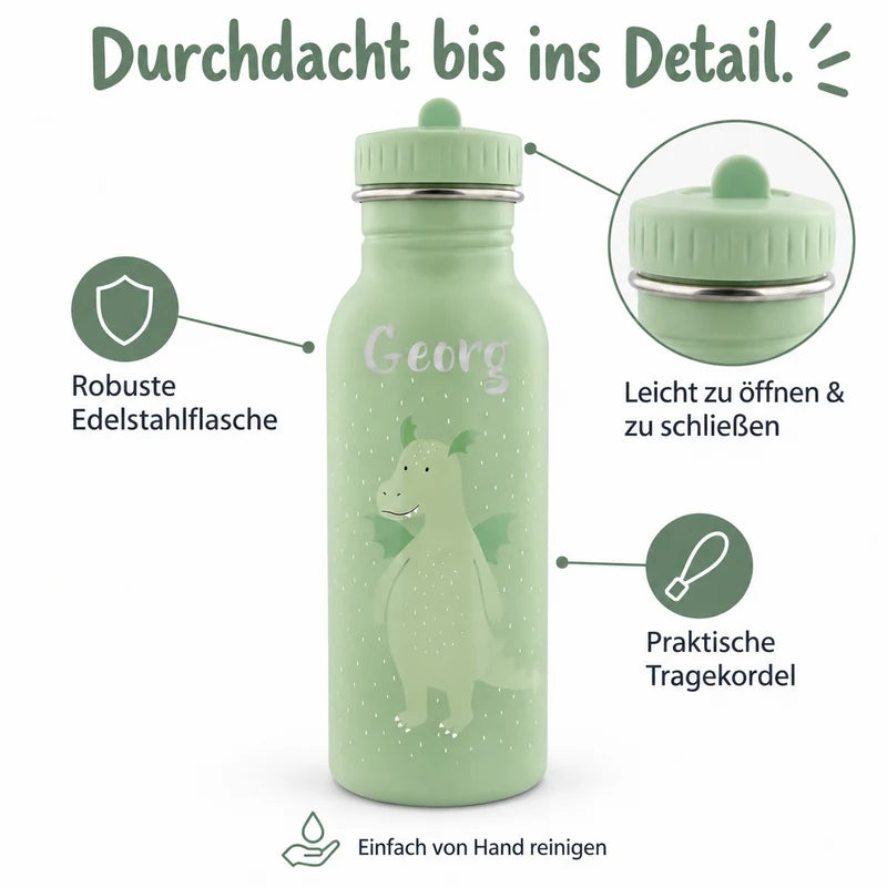 Trixie Trinkflasche 500ml Herr Drache – Infografik mit Trinköffnung, Trageschlaufe und Produktdetails