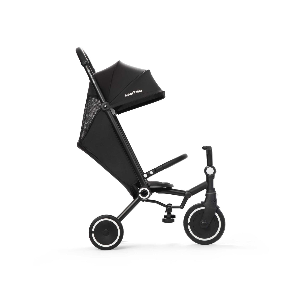 Wonder Max Jet Black kompaktes Reise Dreirad in Seitenansicht leicht faltbar ideal für Urlaub und unterwegs mit Kind